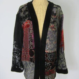 Chicos 2 Women Large Multicolor Silk Asian Accent Cardigan Purple Black Velvet